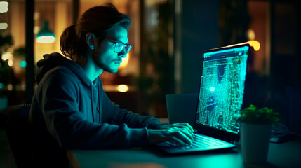 Software development concept. Coding programmer, software engineer working on laptop with javascript computer code on virtual screen, internet of things IoT, digital technology. Generative AI