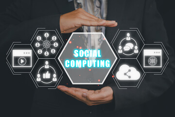 Wall Mural - social computing concept, business person hand holding social computing icon on virtual screen.