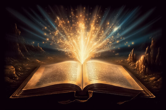the enchantment of an open book, as sparkling golden dust dances atop its illuminated pages. Generative AI.