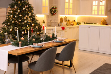 Sticker - Festive table setting and beautiful Christmas decor in kitchen. Interior design