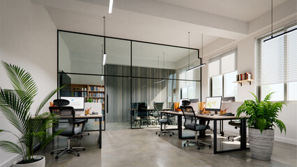 modern small office interior with white walls and concrete floors, 3d rendering