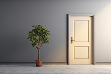 Interior of an empty room with a gray and white stucco wall, a plant, and an open door to the dining room. Generative AI