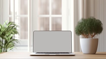 Poster - Mockup laptop with a blank screen, white background, and natural light. Generative AI