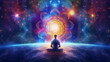 Universe cosmos with person meditation chakras prana. Generative ai