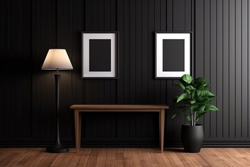 Poster - A black wall with two frames. Template for vertical posters. a wooden table with a lamp. Large indoor plant on parquet flooring. Generative AI