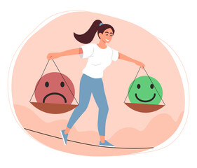 Woman with emotional balance concept. Young girl with sad and cheerful smiley on scales. Psychology mental health, awareness. Feelings and emotions, mood. Cartoon flat vector illustration