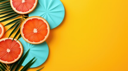 fruits on yellow background, Summer feeling background, solid colors - generative AI