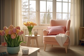 Sticker - furniture and home accessories in a living room with tulips on a table. Generative AI