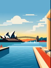 Sydney City Skyline. Opera House, Harbour Bridge View. Colourful Vintage Poster, Banner, Card. Minimalist Retro Design. AI Digital Illustration.