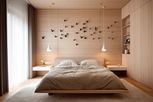Modern Interior Design With A Double Bed, Wardrobe, And Minimalist Bird Ornaments On A White Table Top Or Shelf Over A Cozy, Tranquil Bedroom Made Of Wood, Generative AI