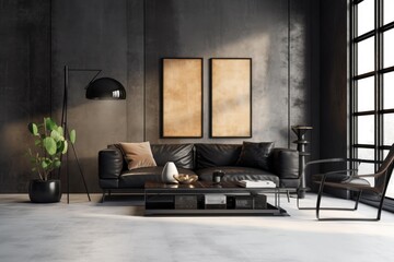 Wall Mural - Interior of a contemporary living room with a black sofa, white pillows, and a light. Generative AI