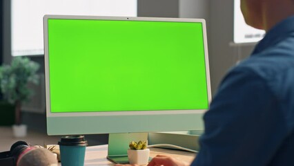 Wall Mural - businessman texting chromakey computer keyboard at office closeup. man working