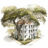 Fototapeta  - Charleston style southern house in an isometric style with live oak tree done watercolor