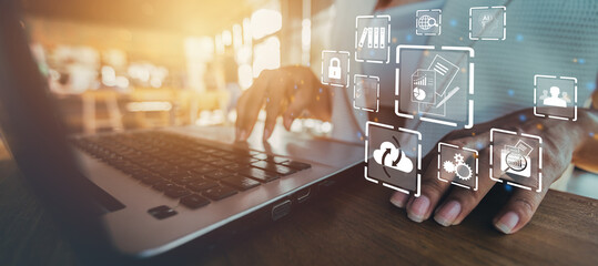 Wall Mural - businesswoman using a computer to document management concept, online documentation database and dig