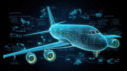 Wall Mural - AI generated 3d image of the airplane hologram with a HUD elements interface background.