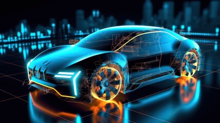 AI Generating picture of a futuristic electric black car with a neon light on the abstract digital technology background.