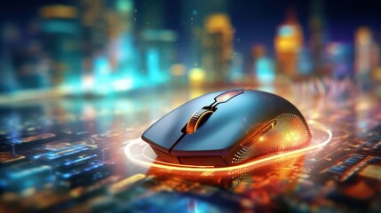 Cyber security concept. Transparent computer mouse on a blurred background. AI generated 3d image 