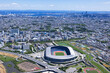 横浜国際総合競技場・スタジアム上空より横浜みなとみらいを望む・2023撮影