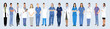 Multiethnic doctor team group with leader isolated vector illustration. Set of smiling doctors, nurses, paramedics. Different male and female medic workers in uniform with stethoscopes. 
