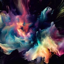 Abstract Painting Of Vibrant, Swirling Colors Suspended In A Black Background 
