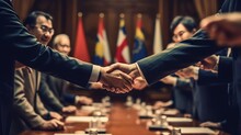 Country Leaders Shaking Hands At An International Conference, Generative AI