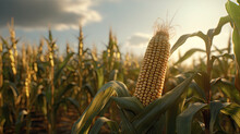 An Ear Of Corn In A Cornfield In The Rays Of Light, Generative Ai, 8k