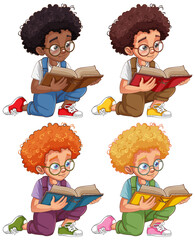 Poster - Set of boy with curly hair in different skin colour reading a book