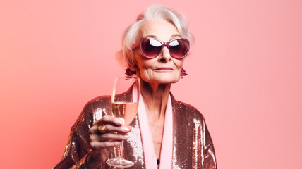 Modern senior woman in stylish pink clothes with glasses, Barbicor style, holding a glass of champagne. Portrait of a happy woman Generative AI