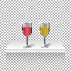 Two glass realistic glasses with a drink standing on a shelf. Vector illustration