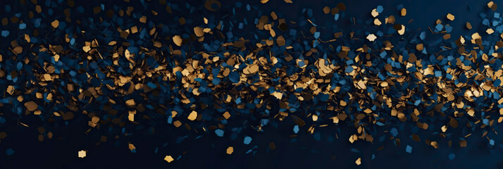 Anniversary dark blue and gold color background with falling confetti and light effects.  Generative AI.