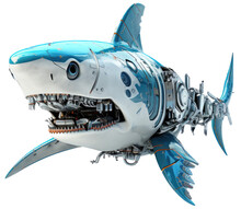 Robotic Shark Isolated On A White Background, Generative AI