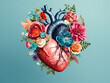 Human heart with wild colorful flowers. Flat lay. Top view 