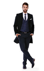Poster - Portrait, fashion and a gentleman full length in formal clothes isolated on a transparent background for style. Model, confident and classy with a handsome male person posing in smart clothing on PNG