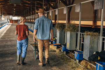 Wall Mural - Back view of a male and female farmer walking trough a stable together.