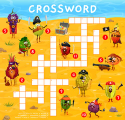 Wall Mural - Crossword quiz game grid cartoon fruit pirate and corsair characters. Vector find a word riddle worksheet with papaya, pitahaya, pear, durian and grape. Mandarin, carambola and feijoa, figs or lichi