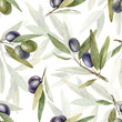 Olive branches, leaves and fruits. Watercolor seamless pattern. Olives on white background. For fabric, packaging paper, scrapbooking, product packaging design