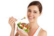 Healthy eating, portrait and woman with salad for lose weight diet on isolated, transparent and png background. Vegetarian, food and face of female nutritionist happy with raw, vegetables and recipe