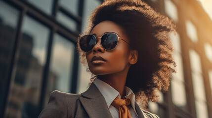 Bllack woman in a business suit standing in a confident pose. Woman's rights equality success of African-American people generative ai