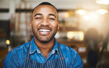 Canvas Print - Coffee shop, restaurant and portrait of black man waiter for service, working and happy in cafe. Small business owner, barista startup and confident male worker smile in cafeteria ready to serve