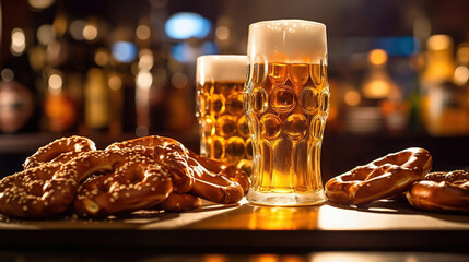 Wall Mural - A table at Oktoberfest filled with freshly baked pretzels, glass boot filled with beer. Generative Ai