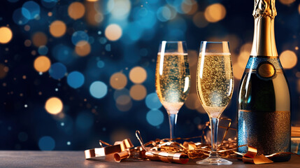 Wall Mural - a new year's eve scene with champagne glasses and christmas lights in the background. generative ai