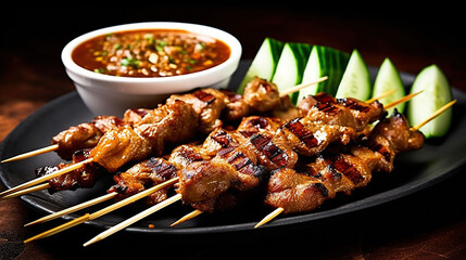 Bbq grilled chicken and beef satay meat stick skewer with cucumber, onion and spicy peanut gravy sauce in dark bar counter background western snack cuisine. Generative Ai