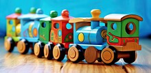 Wooden Train With Trailer A Child Toy.Top View Closeup Created With Generative Al Technology.