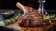 Grilled black angus beef tomahawk steak on bone served with salt, pepper and rosemary on round slate cutting board over dark wooden plank kitchen table. Generative Ai