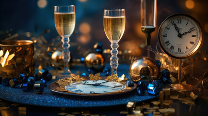 Wall Mural - happy new year background. holiday greeting card design with champagne bottle and festive decoration