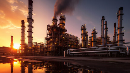 Sticker - Close up Industrial view at oil refinery plant form industry zone with sunrise and cloudy sky. Generative Ai