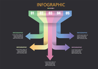 Wall Mural - Vector infographic presented on black gray background as 5 numbered arrows with arrowheads showing different directions used in education,finance,management presentations, planning or work direction.