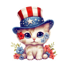 4th Of July Floral Cat Sublimation, 4th Of July Watercolor Cat Clipart. Red, Blue And White Watercolor Flowers, Watercolor Patriotic Clipart
