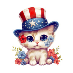 Naklejka na meble 4th of July Floral Cat Sublimation, 4th of July Watercolor Cat Clipart. Red, Blue and White Watercolor Flowers, Watercolor Patriotic Clipart