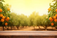Empty Wood Table With Free Space Over Orange Trees, Orange Field Background. For Product Display Montage , Generative AI